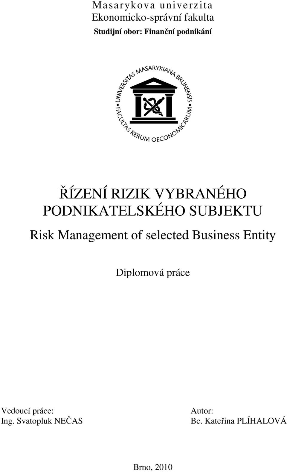 Risk Management of selected Business Entity Diplomová práce