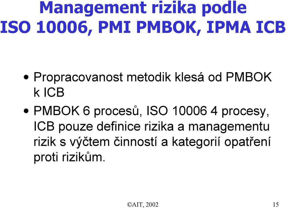 ISO 10006 4 procesy, ICB pouze definice rizika a managementu