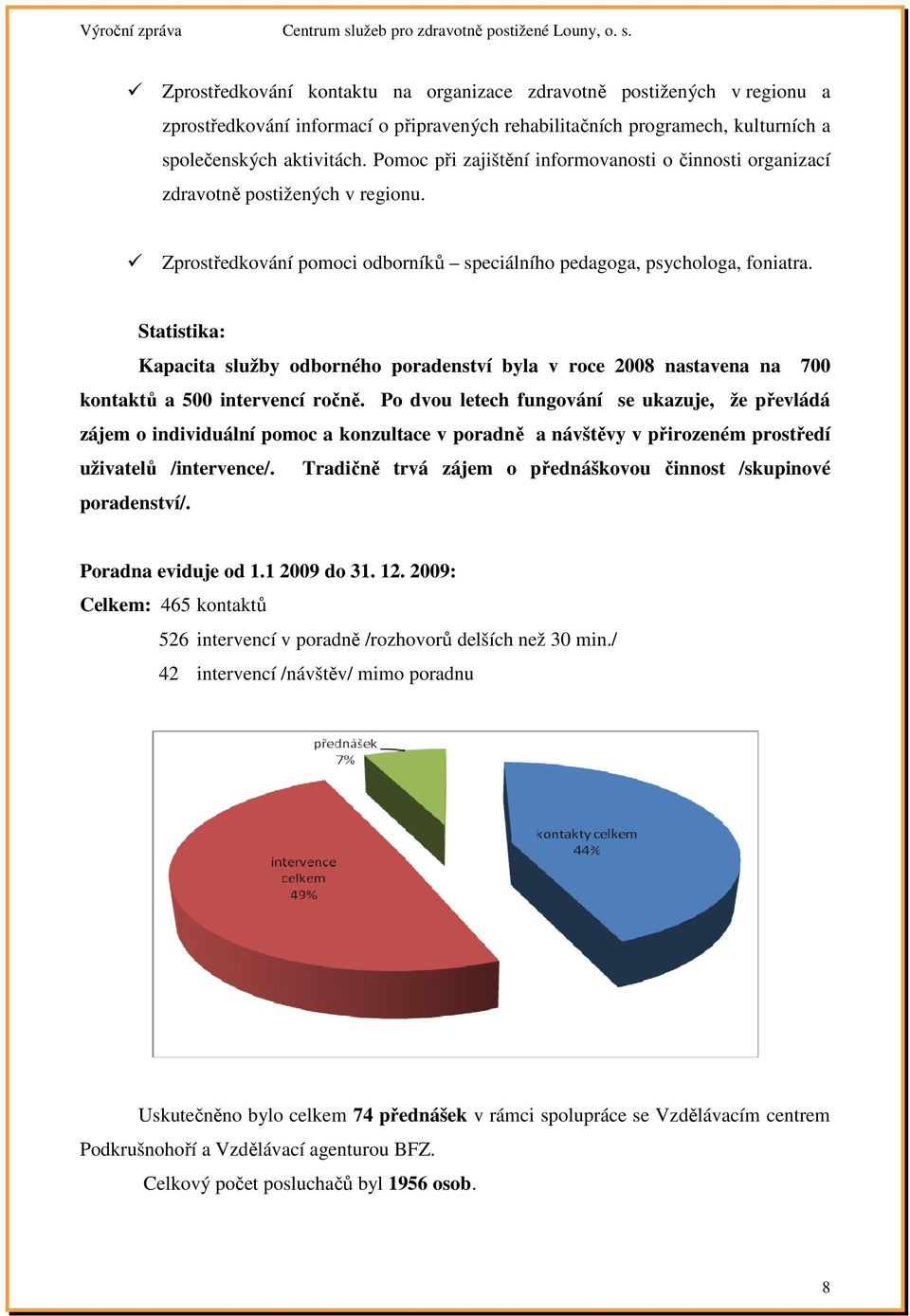 Statistika: Kapacita služby odborného poradenství byla v roce 2008 nastavena na 700 kontaktů a 500 intervencí ročně.