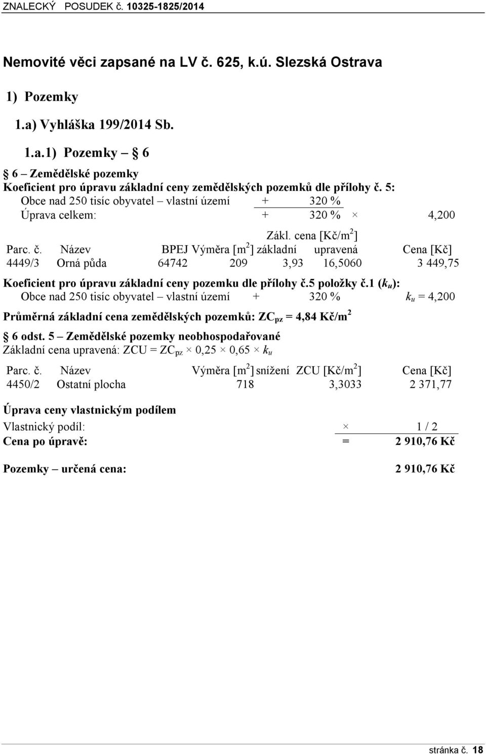 Název BPEJ Výměra [m 2 ] základní upravená Cena [Kč] 4449/3 Orná půda 64742 209 3,93 16,5060 3 449,75 Koeficient pro úpravu základní ceny pozemku dle přílohy č.5 položky č.