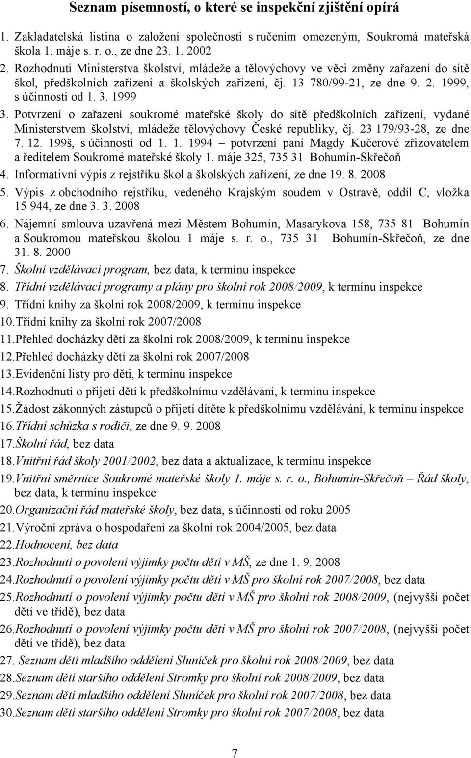 1999 3. Potvrzení o zařazení soukromé mateřské školy do sítě předškolních zařízení, vydané Ministerstvem školství, mládeže tělovýchovy České republiky, čj. 23 179/93-28, ze dne 7. 12.