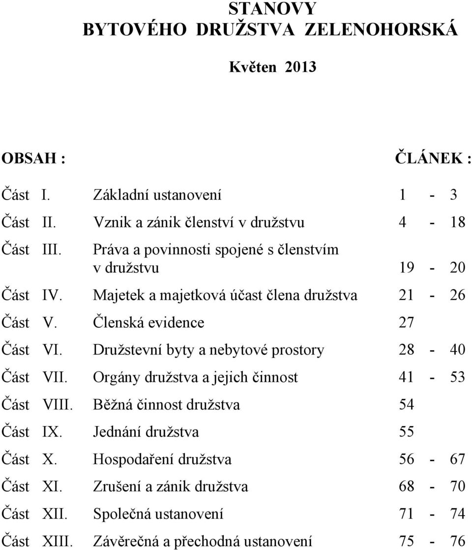 Majetek a majetková účast člena družstva 21-26 Část V. Členská evidence 27 Část VI. Družstevní byty a nebytové prostory 28-40 Část VII.