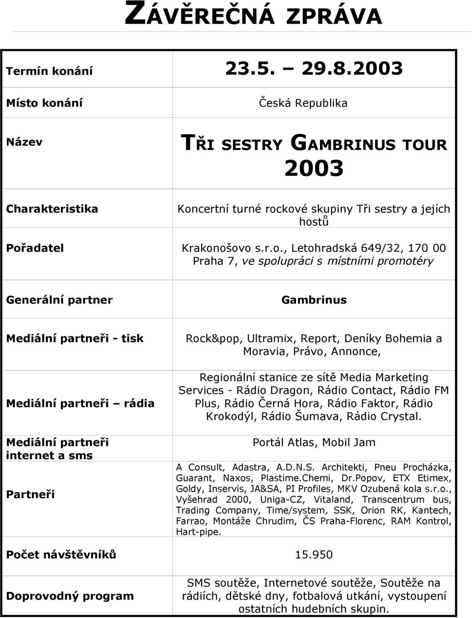 konání Česká Republika Název TŘI SESTRY GAMBRINUS TOUR 2003 Charakteristika Koncertní turné rockové skupiny Tři sestry a jejích hostů Pořadatel Krakonošovo s.r.o., Letohradská 649/32, 170 00 Praha 7,