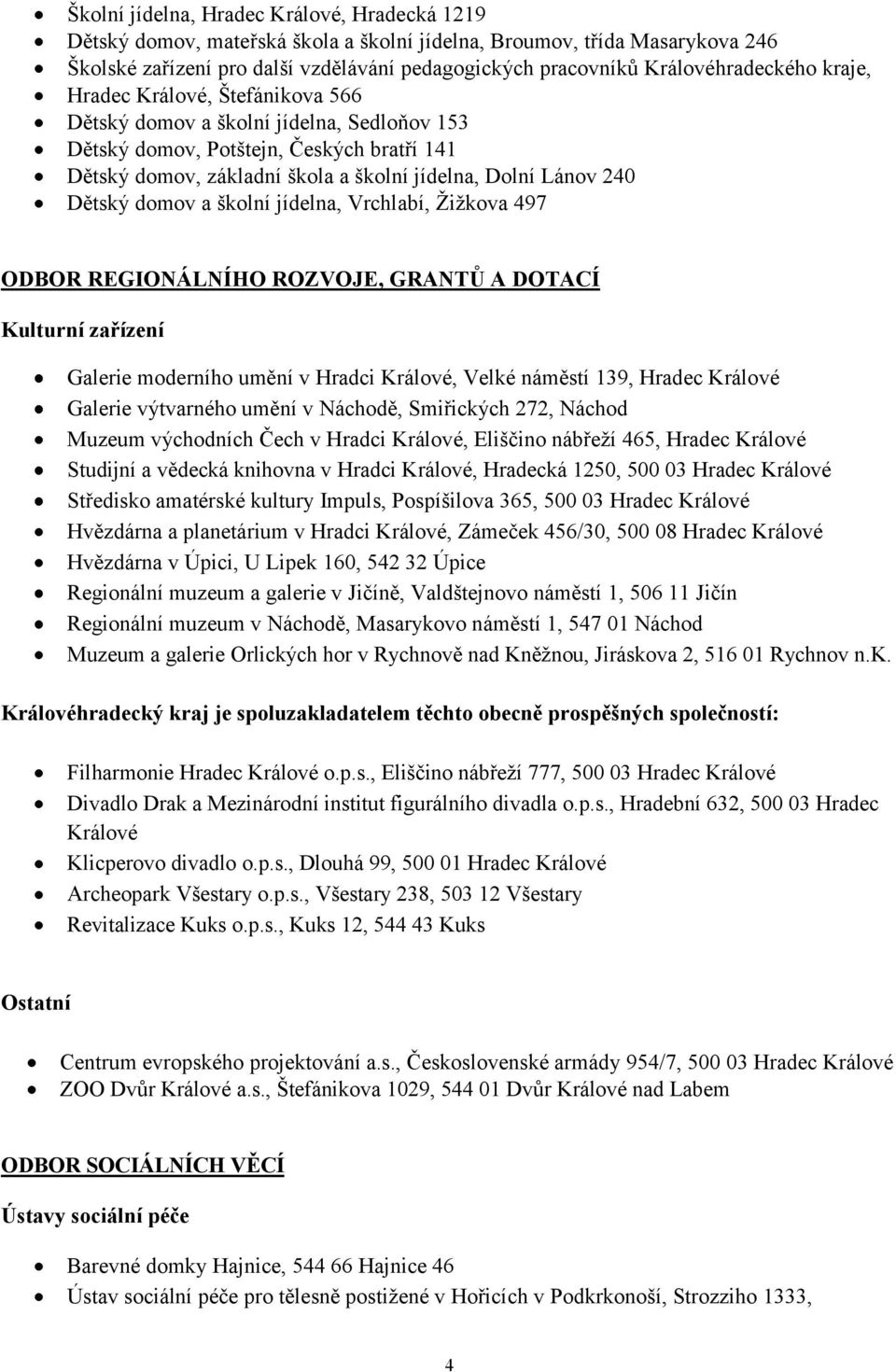 jídelna, Vrchlabí, Žižkova 497 ODBOR REGIONÁLNÍHO ROZVOJE, GRANTŮ A DOTACÍ Kulturní zařízení Galerie moderního umění v Hradci, Velké náměstí 139, Hradec Galerie výtvarného umění v Náchodě, Smiřických