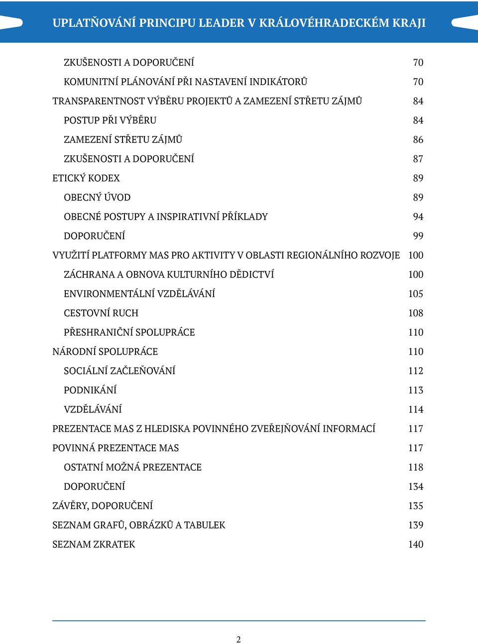 KULTURNÍHO DĚDICTVÍ 100 ENVIRONMENTÁLNÍ VZDĚLÁVÁNÍ 105 CESTOVNÍ RUCH 108 PŘESHRANIČNÍ SPOLUPRÁCE 110 NÁRODNÍ SPOLUPRÁCE 110 SOCIÁLNÍ ZAČLEŇOVÁNÍ 112 PODNIKÁNÍ 113 VZDĚLÁVÁNÍ 114 PREZENTACE MAS