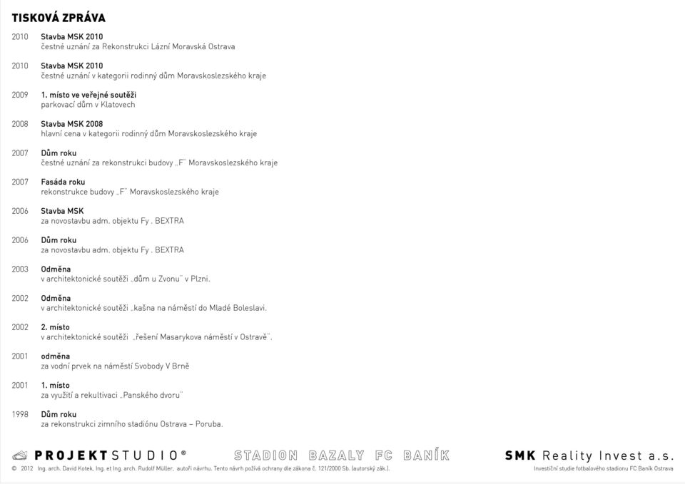 Moravskoslezského kraje 2007 Fasáda roku rekonstrukce budovy F Moravskoslezského kraje 2006 Stavba MSK za novostavbu adm. objektu Fy. BEXTRA 2006 Dům roku za novostavbu adm. objektu Fy. BEXTRA 2003 Odměna v architektonické soutěži dům u Zvonu v Plzni.
