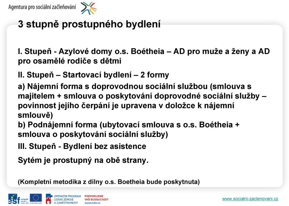 sociální služby povinnost jejího čerpání je upravena v doložce k nájemní smlouvě) b) Podnájemní forma (ubytovací smlouva s o.s. Boétheia + smlouva o poskytování sociální služby) III.