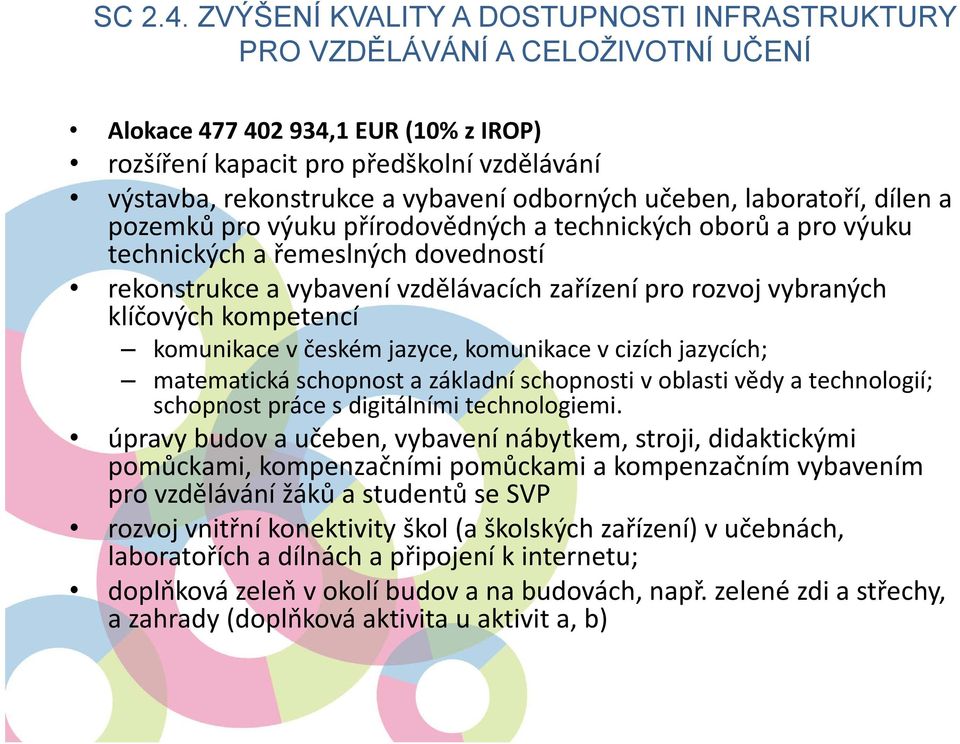 odborných učeben, laboratoří, dílen a pozemků pro výuku přírodovědných a technických oborů a pro výuku technických a řemeslných dovedností rekonstrukce a vybavení vzdělávacích zařízení pro rozvoj