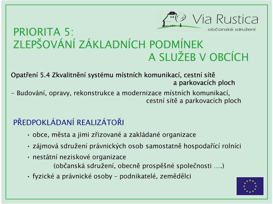 místních komunikací, cestní sítě a parkovacích ploch PŘEDPOKLÁDANÍ REALIZÁTOŘI obce, města a jimi zřizované a zakládané organizace