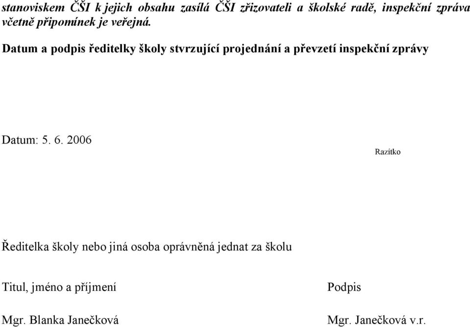 Datum a podpis ředitelky školy stvrzující projednání a převzetí inspekční zprávy Datum: