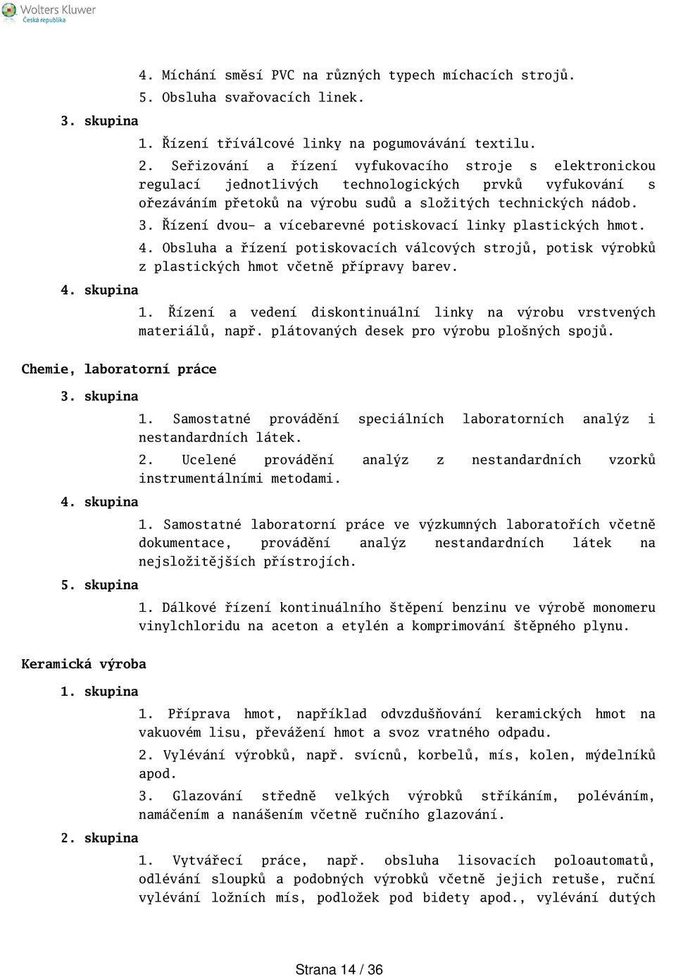 Řízení dvou- a vícebarevné potiskovací linky plastických hmot. 4. Obsluha a řízení potiskovacích válcových strojů, potisk výrobků z plastických hmot včetně přípravy barev. 1.