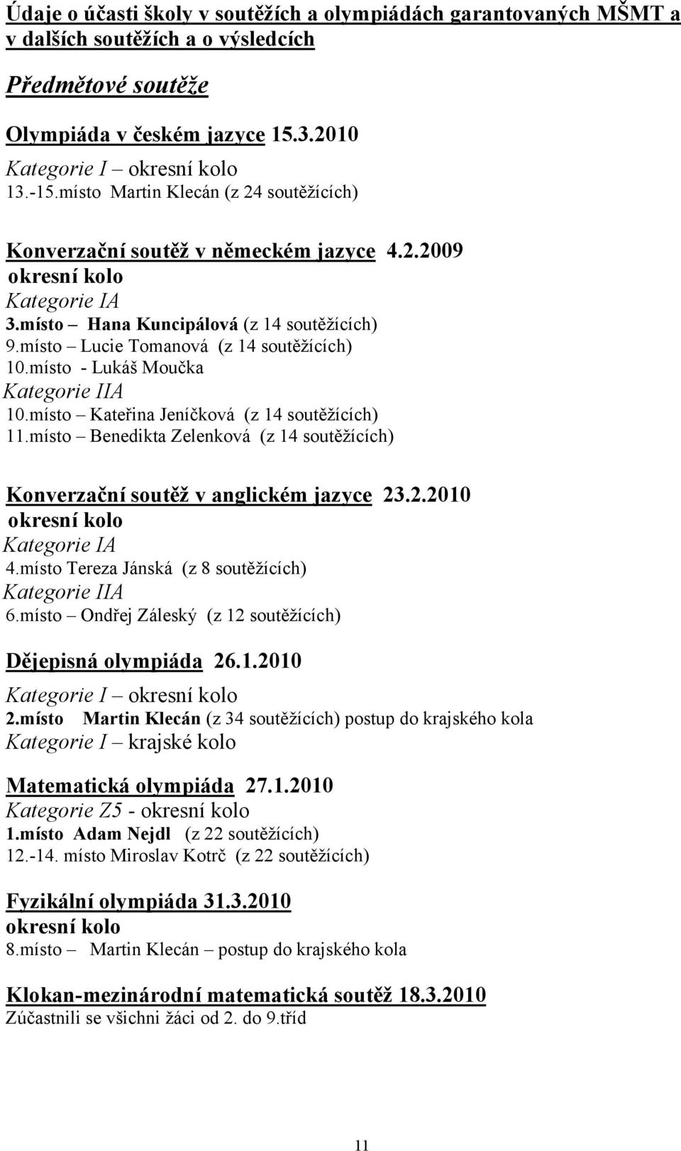 místo - Lukáš Moučka Kategorie IIA 10.místo Kateřina Jeníčková (z 14 soutěžících) 11.místo Benedikta Zelenková (z 14 soutěžících) Konverzační soutěž v anglickém jazyce 23