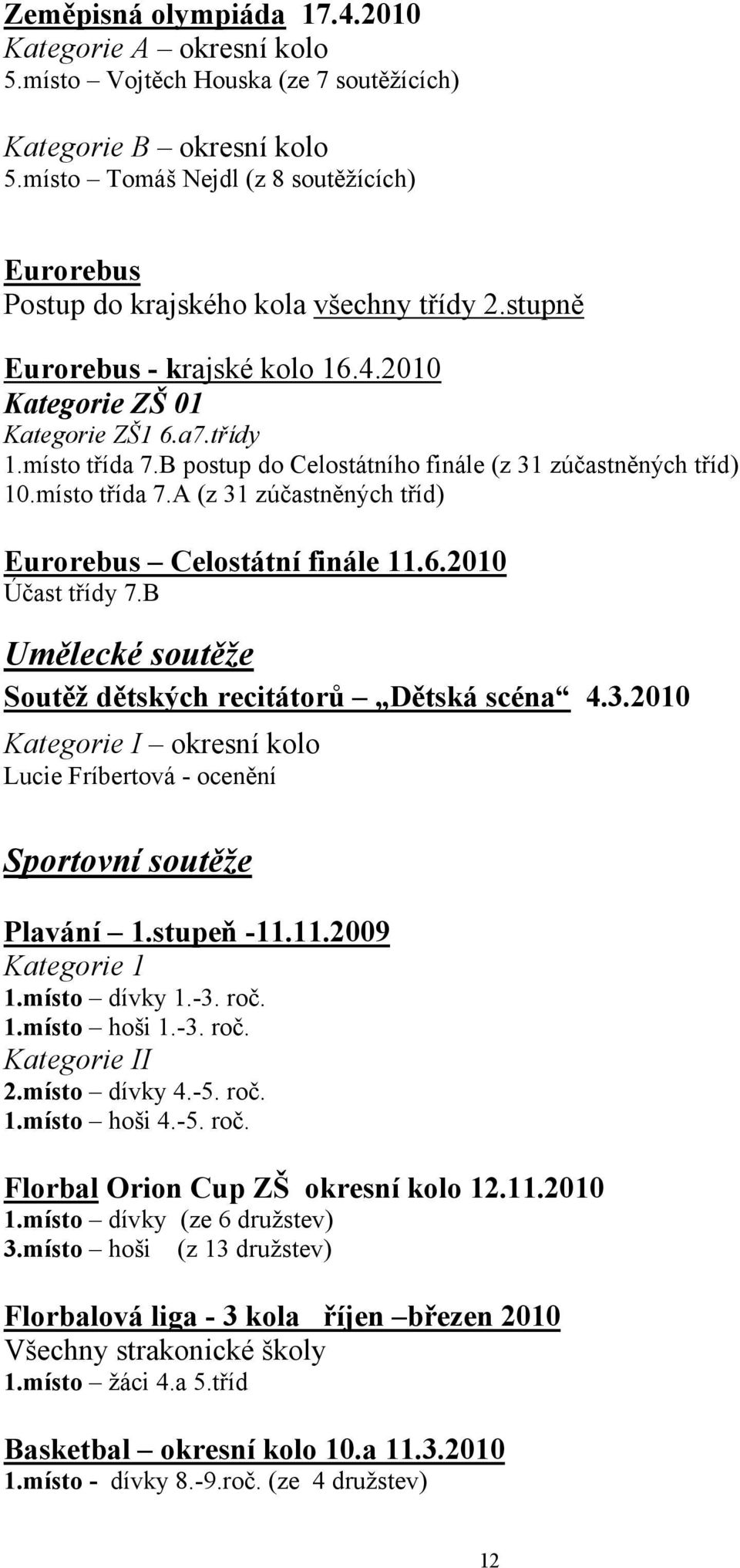 B postup do Celostátního finále (z 31 zúčastněných tříd) 10.místo třída 7.A (z 31 zúčastněných tříd) Eurorebus Celostátní finále 11.6.2010 Účast třídy 7.