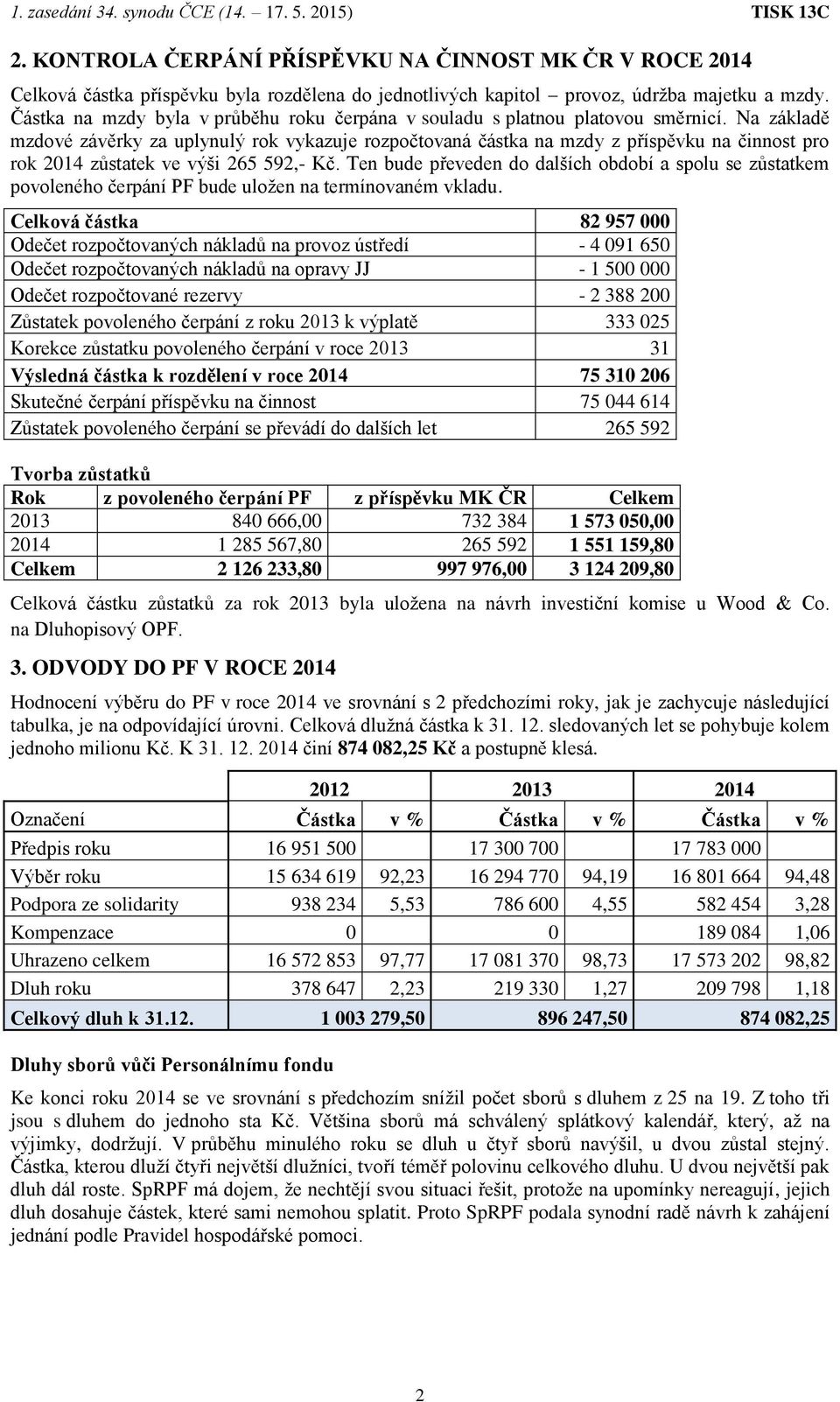 Na základě mzdové závěrky za uplynulý rok vykazuje rozpočtovaná částka na mzdy z příspěvku na činnost pro rok 2014 zůstatek ve výši 265 592,- Kč.