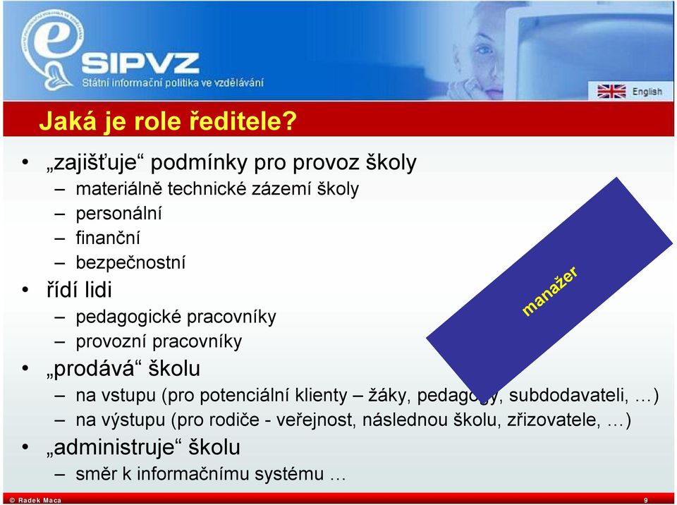 bezpečnostní řídí lidi pedagogické pracovníky provozní pracovníky prodává školu na vstupu (pro