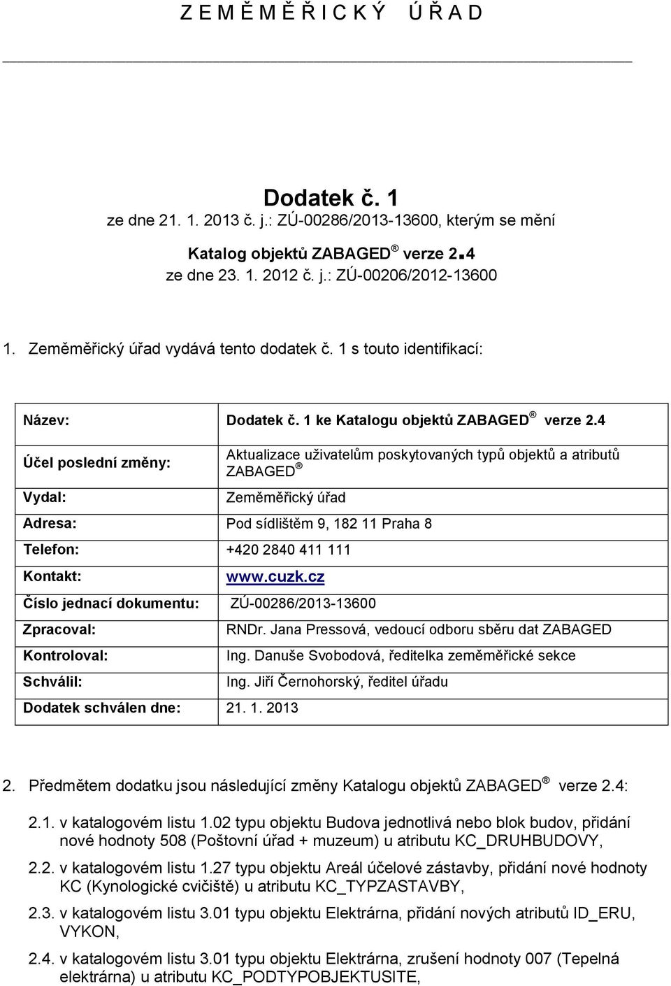 4 Účel poslední změny: Vydal: Aktualizace uživatelům poskytovaných typů objektů a atributů ZABAGED Zeměměřický úřad Adresa: Pod sídlištěm 9, 182 11 Praha 8 Telefon: +420 2840 411 111 Kontakt: Číslo