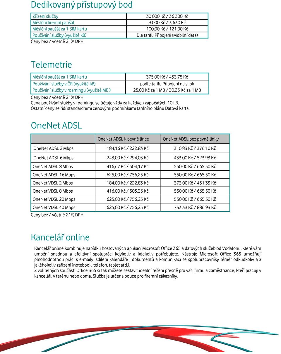 25,00 Kč za 1 MB / 30,25 Kč za 1 MB Cena používání služby v roamingu se účtuje vždy za každých započatých 10 kb. Ostatní ceny se řídí standardními cenovými podmínkami tarifního plánu Datová karta.
