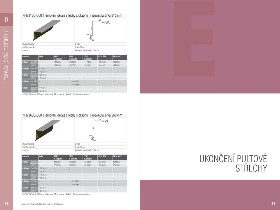 mm bez DPH 144, Kč - - - - - s DPH 174,80 Kč - - - - - 22 1 1 E KPL-360Q-000 lemování okraje střechy s okapnicí rozvinutá šířka 360 mm 1 168 22 Fen I 0,5 mm bez DPH - 129,00 Kč 133,00 Kč 133,00 Kč 7,