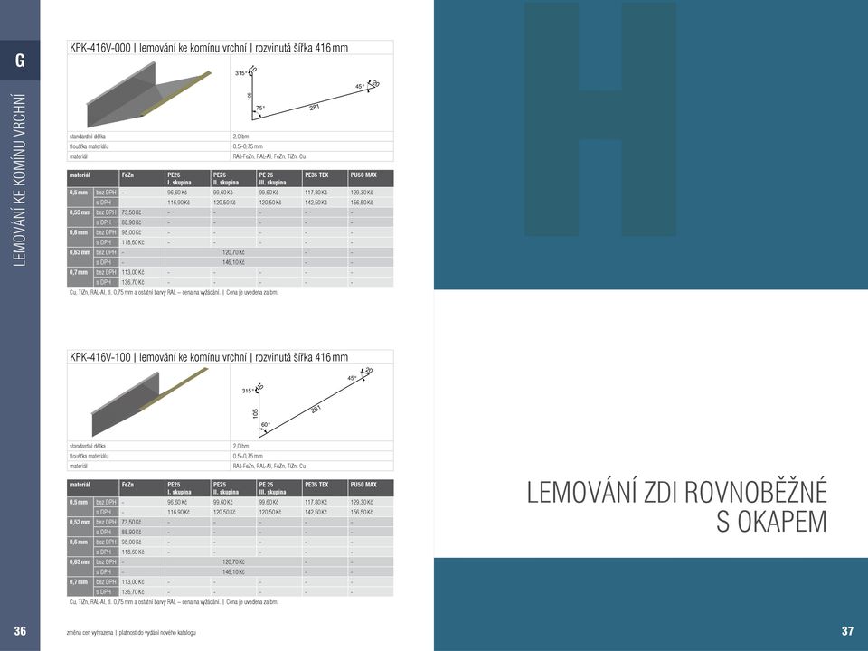 - - - - - s DPH 136,70 Kč - - - - - 5 75 281 KPK-416V-0 lemování ke komínu vrchní rozvinutá šířka 416 mm 3 5 60 281 Fen I 0,5 mm bez DPH - 96,60 Kč 99,60 Kč 99,60 Kč 117,80 Kč 129, Kč s DPH - 116,90