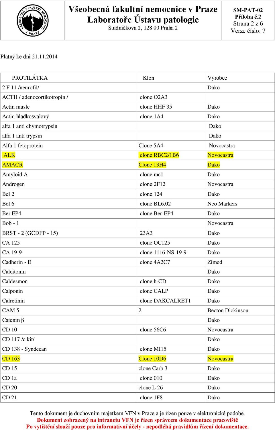 fetoprotein Clone 5A4 Novocastra ALK clone RBC2/1B6 Novocastra AMACR Clone 13H4 Amyloid A clone mc1 Androgen clone 2F12 Novocastra Bcl 2 clone 124 Bcl 6 clone BL6.