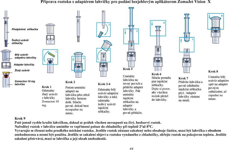 Stlačte pevně, dokud hrot nezapadne na místo. Krok 3-4 Odstraňte bílý uzávěr adaptéru lahvičky a také odstraňte šedivý uzávěr injekční stříkačky.