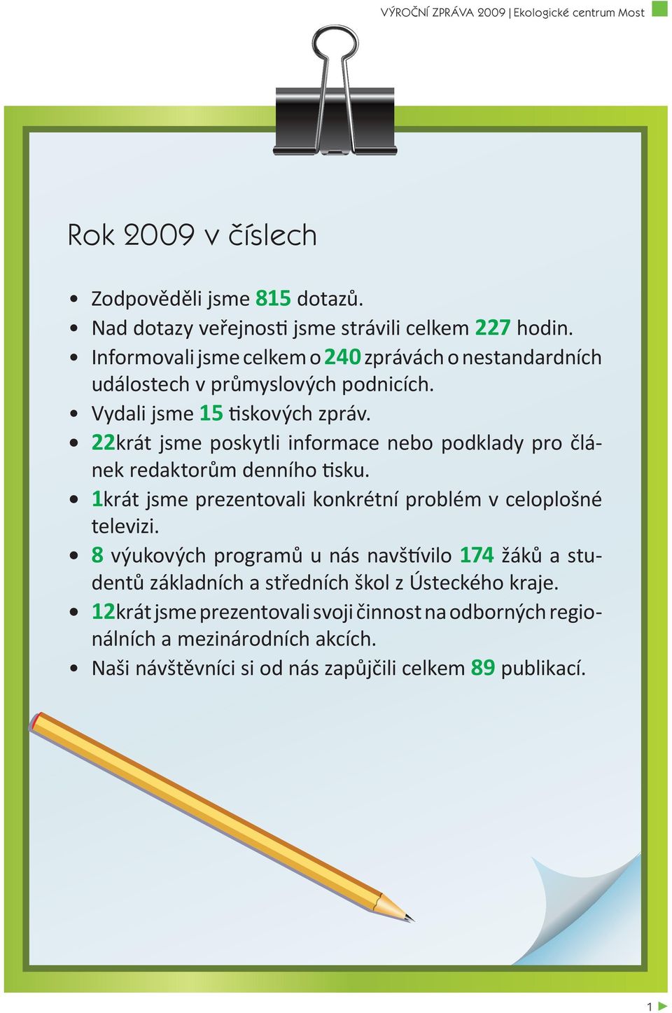 22krát jsme poskytli informace nebo podklady pro článek redaktorům denního tisku. 1krát jsme prezentovali konkrétní problém v celoplošné televizi.