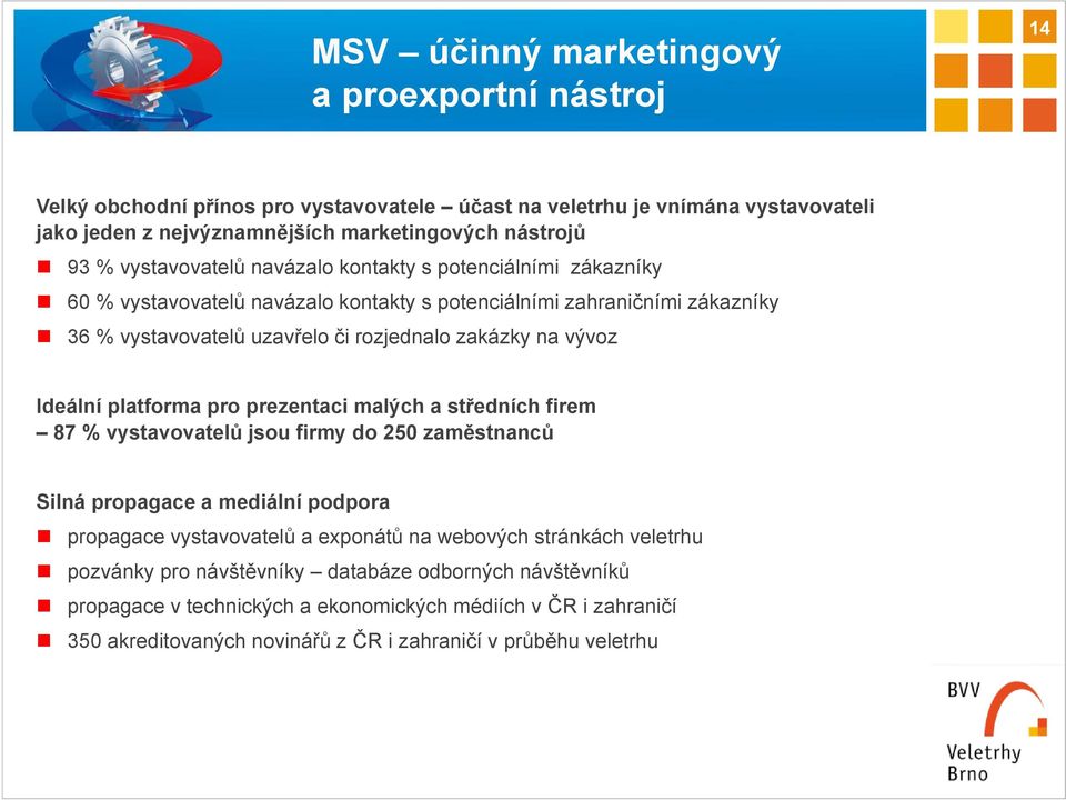 Ideální platforma pro prezentaci malých a středních firem 87 % vystavovatelů jsou firmy do 250 zaměstnanců Silná propagace a mediální podpora propagace vystavovatelů a exponátů na webových