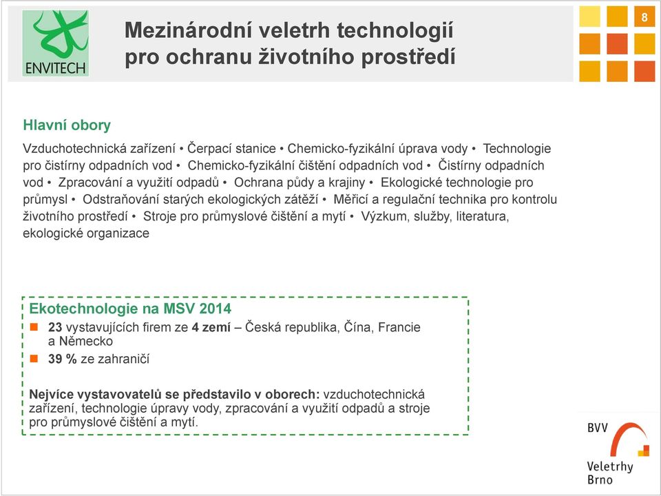 regulační technika pro kontrolu životního prostředí Stroje pro průmyslové čištění a mytí Výzkum, služby, literatura, ekologické organizace Ekotechnologie na MSV 2014 23 vystavujících firem ze 4 zemí