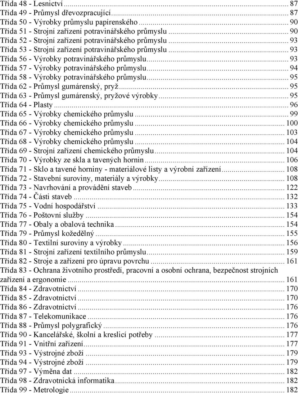 .. 93 Třída 57 - Výrobky potravinářského průmyslu... 94 Třída 58 - Výrobky potravinářského průmyslu... 95 Třída 62 - Průmysl gumárenský, pryž... 95 Třída 63 - Průmysl gumárenský, pryžové výrobky.