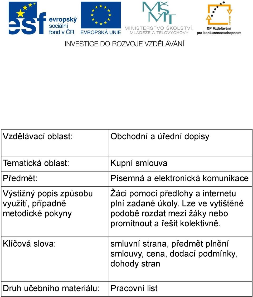 komunikace Žáci pomocí předlohy a internetu plní zadané úkoly.