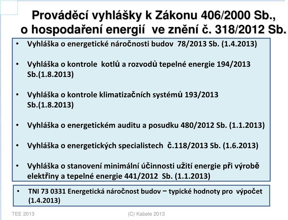 118/2013 Sb. (1.6.2013) Vyhláška o stanovení minimální účinnosti užití energie přivýrobě elektřiny a tepelné energie 441/2012 Sb. (1.1.2013) TNI 73 0331 Energetická náročnost budov typické hodnoty pro výpočet (1.