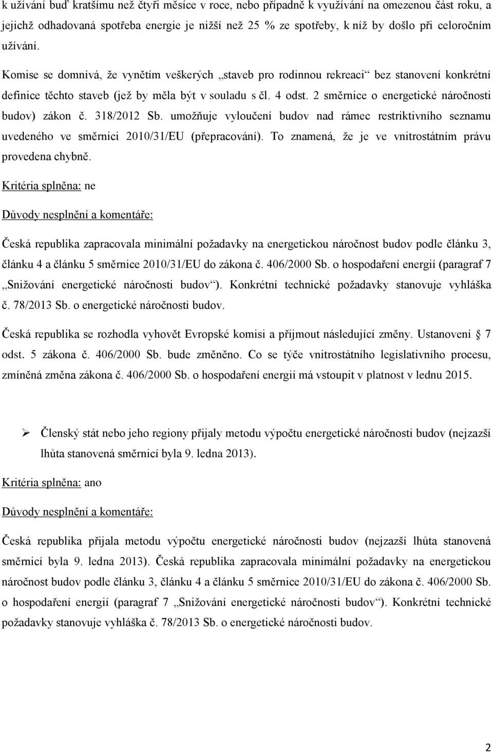 318/2012 Sb. umžňuje vylučení budv nad rámec restriktivníh seznamu uvedenéh ve směrnici 2010/31/EU (přepracvání). T znamená, že je ve vnitrstátním právu prvedena chybně.