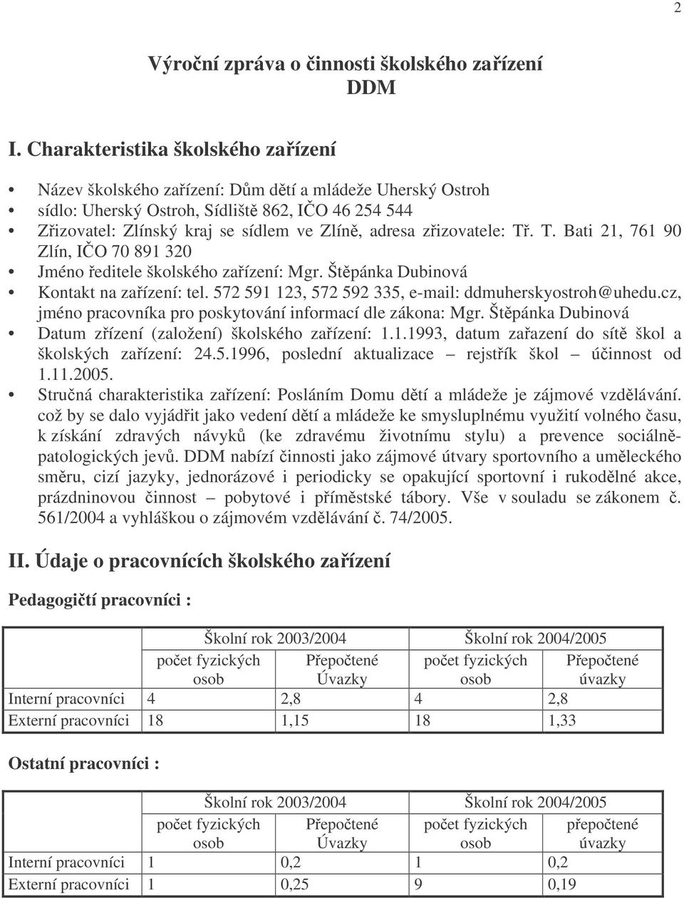 zizovatele: T. T. Bati 21, 761 90 Zlín, IO 70 891 320 Jméno editele školského zaízení: Mgr. Štpánka Dubinová Kontakt na zaízení: tel. 572 591 123, 572 592 335, e-mail: ddmuherskyostroh@uhedu.