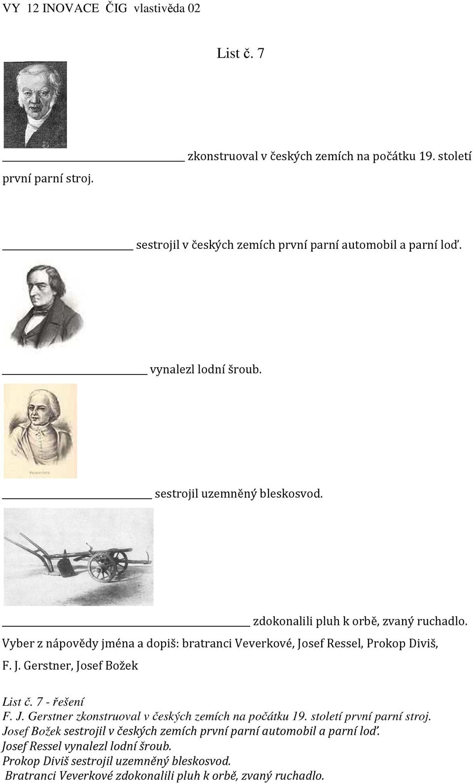 7 - řešení F. J. Gerstner zkonstruoval v českých zemích na počátku 19. století první parní stroj.