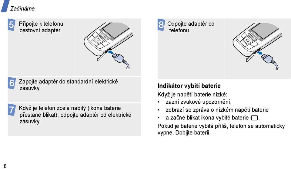 Když je telefon zcela nabitý (ikona baterie přestane blikat), odpojte adaptér od elektrické zásuvky.