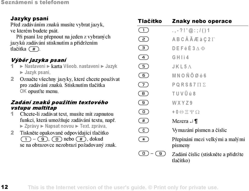 Zadání znaků použitím textového vstupu multitap 1 Chcete-li zadávat text, musíte mít zapnutou funkci, která umožňuje zadávání textu, např. } Zprávy } Napsat novou } Text. zpráva.