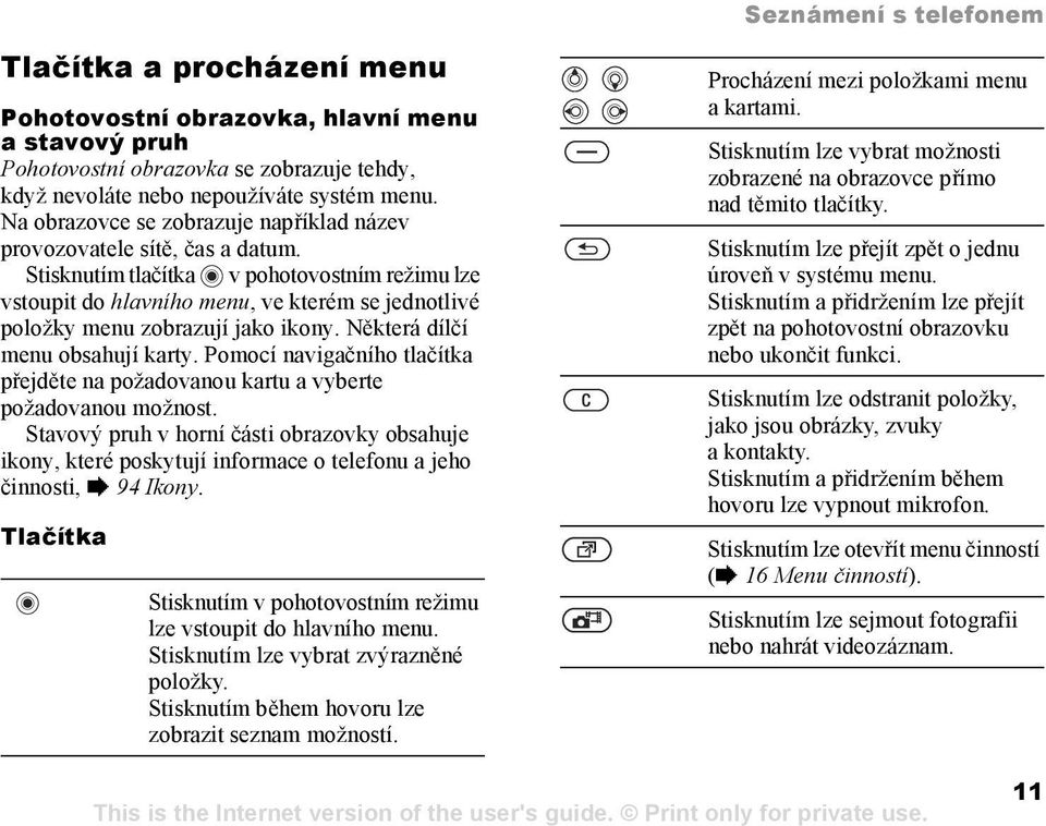 Stisknutím tlačítka v pohotovostním režimu lze vstoupit do hlavního menu, ve kterém se jednotlivé položky menu zobrazují jako ikony. Některá dílčí menu obsahují karty.