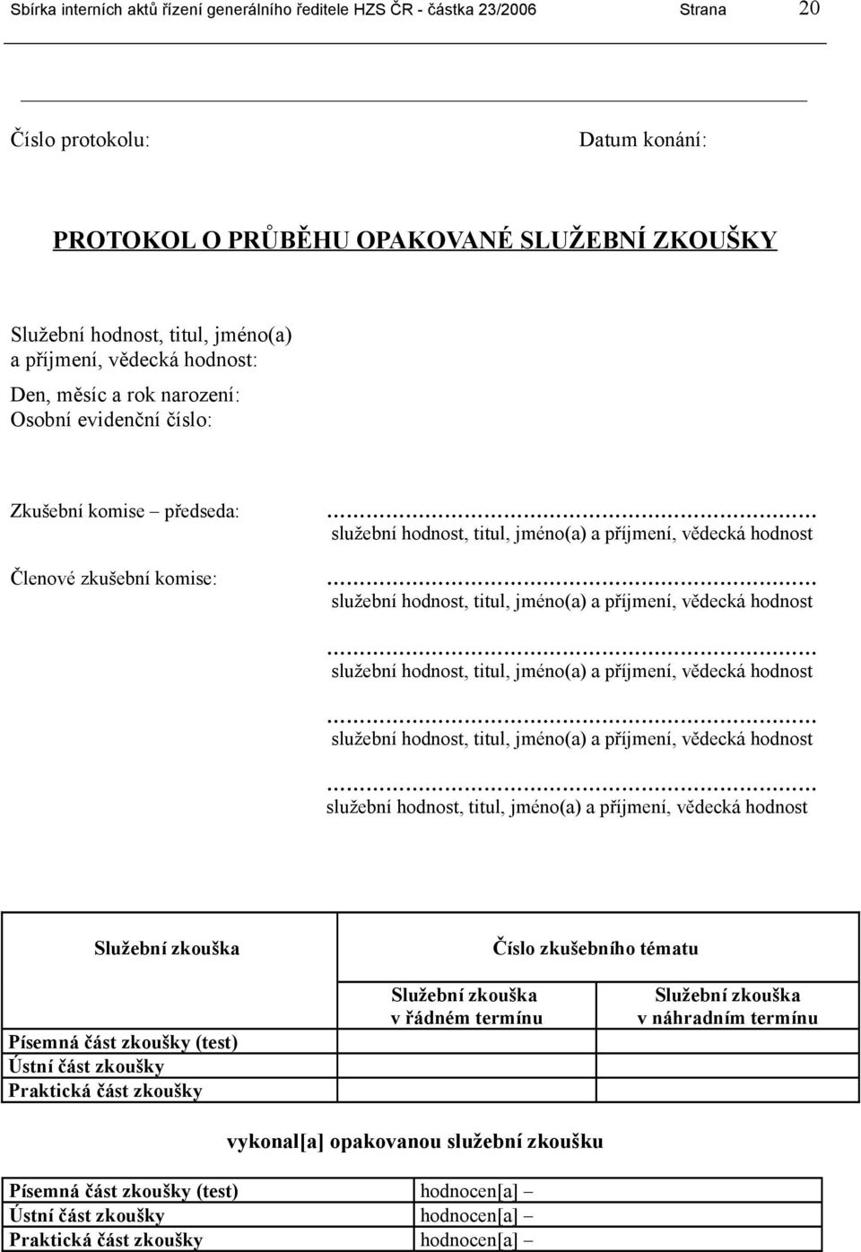 jméno(a) a příjmení, vědecká hodnost služební hodnost, titul, jméno(a) a příjmení, vědecká hodnost služební hodnost, titul, jméno(a) a příjmení, vědecká hodnost Služební zkouška Číslo zkušebního