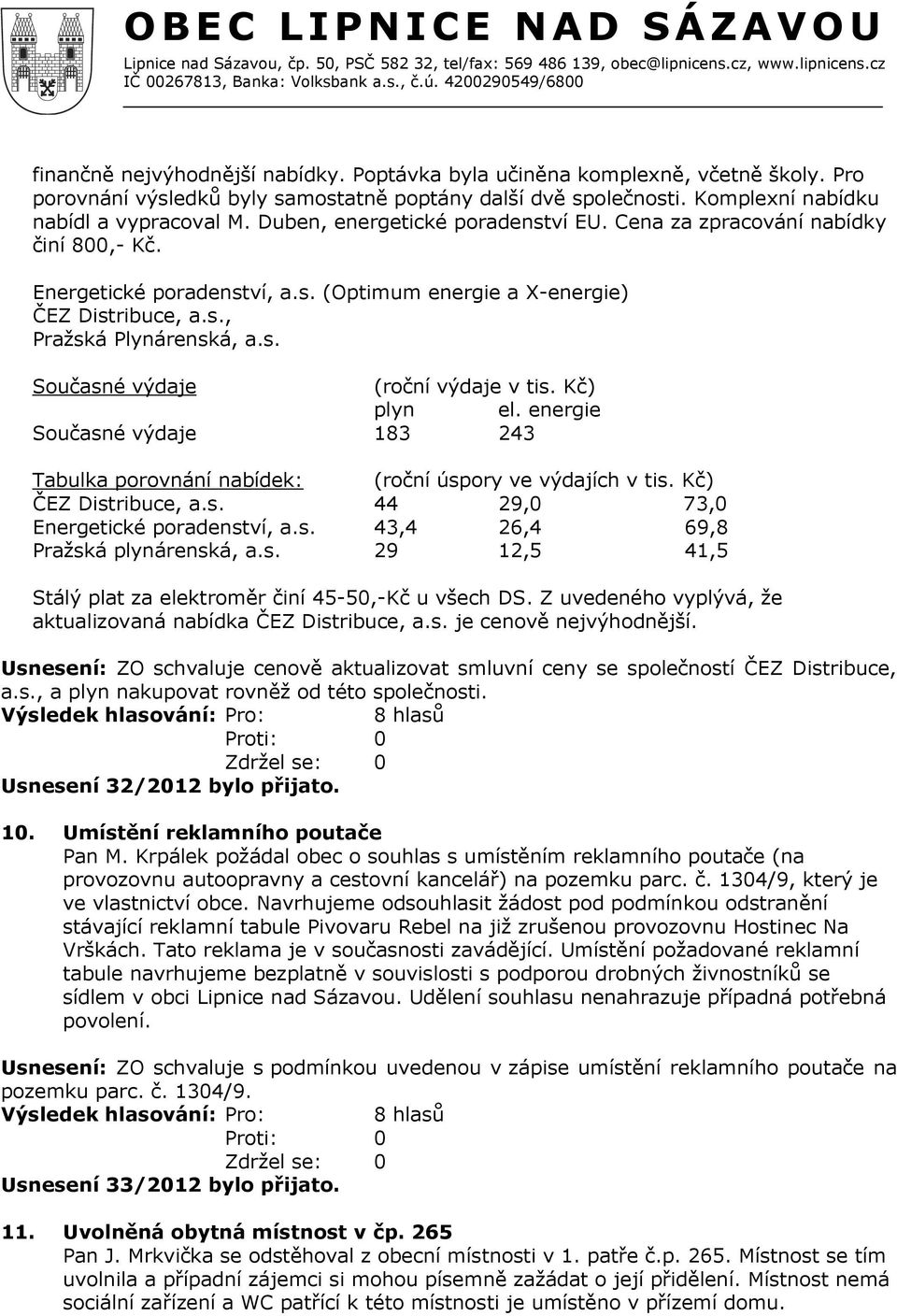 Kč) plyn el. energie Současné výdaje 183 243 Tabulka porovnání nabídek: (roční úspory ve výdajích v tis. Kč) ČEZ Distribuce, a.s. 44 29,0 73,0 Energetické poradenství, a.s. 43,4 26,4 69,8 Pražská plynárenská, a.