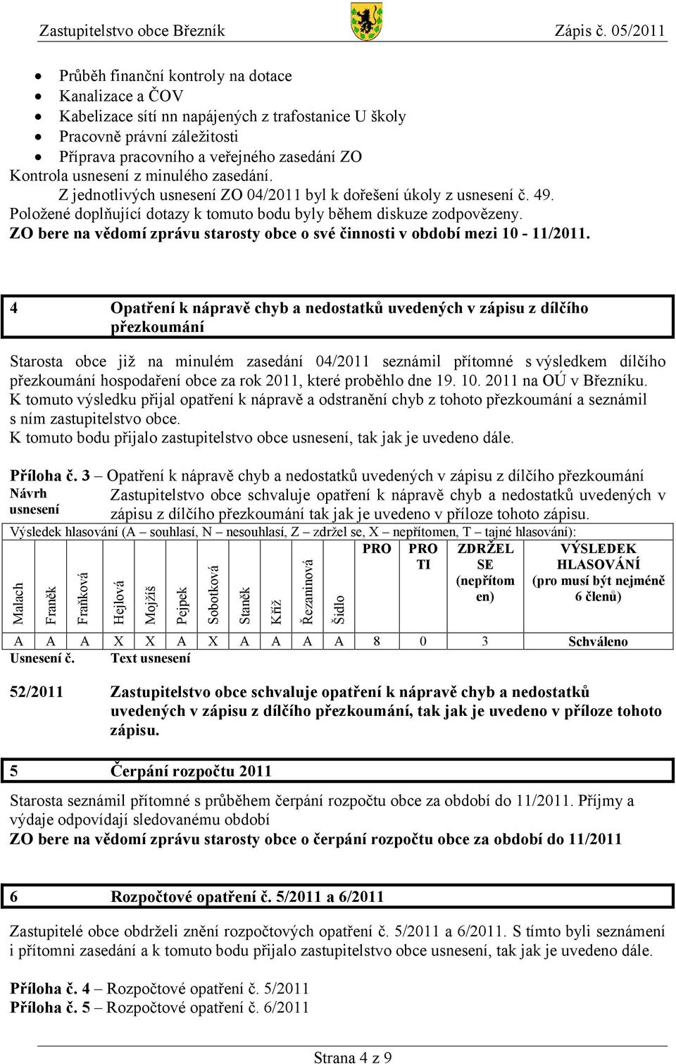 usnesení z minulého zasedání. Z jednotlivých usnesení ZO 04/2011 byl k dořešení úkoly z usnesení č. 49. Položené doplňující dotazy k tomuto bodu byly během diskuze zodpovězeny.