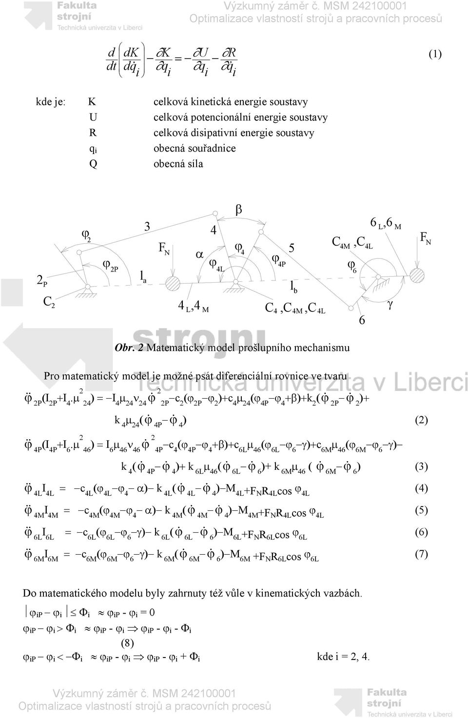 2 Matematický model prošlupního mechanismu Pro matematický model je možné psát diferenciální rovnice ve tvaru ϕ& & 2P (Ι 2P +Ι 4.