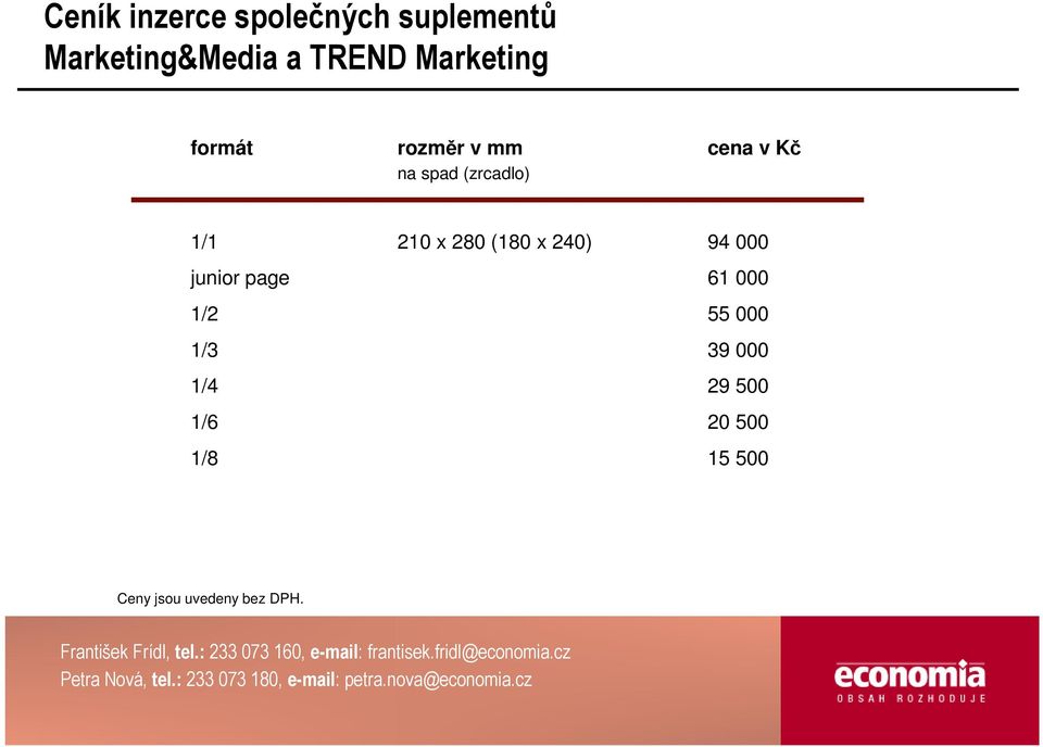 1/4 29 500 1/6 20 500 1/8 15 500 Ceny jsou uvedeny bez DPH. František Frídl, tel.