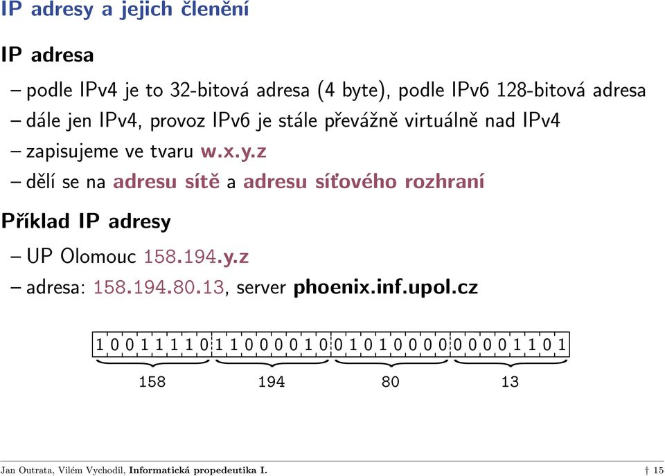 z dělí se na adresu sítě a adresu síťového rozhraní Příklad IP adresy UP Olomouc 158.194.y.z adresa: 158.