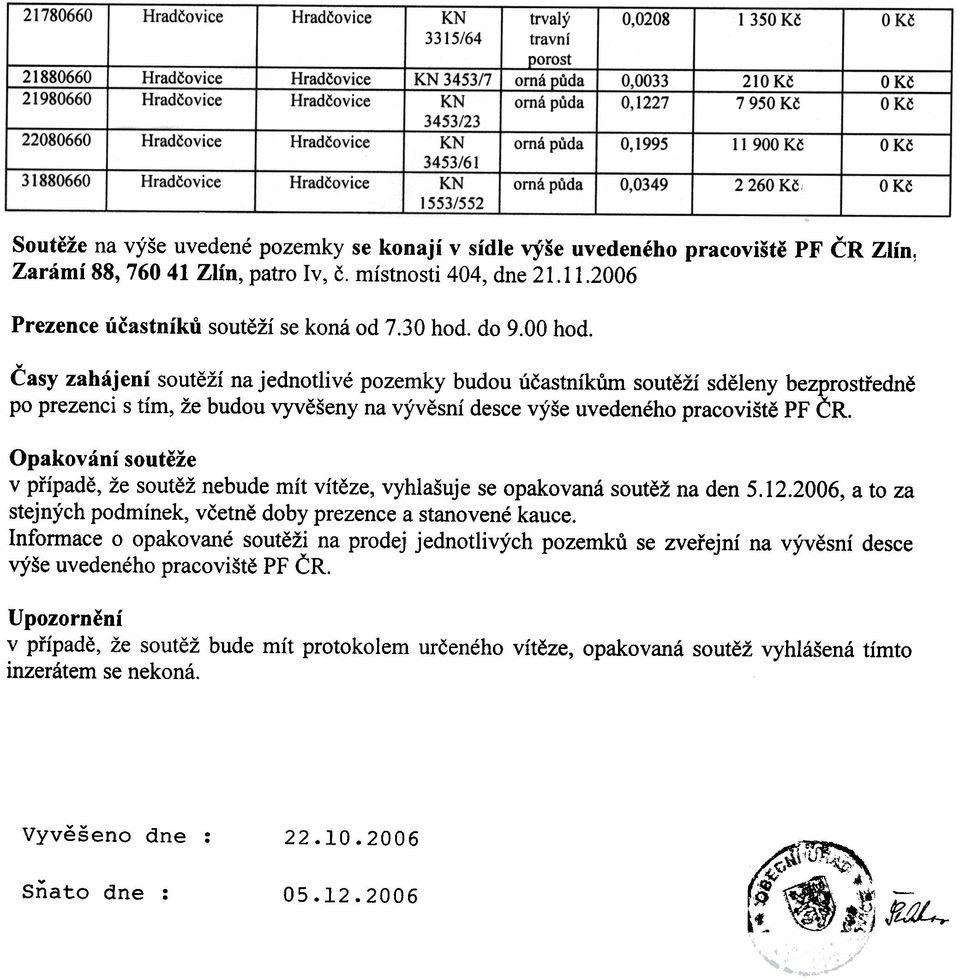 Opakovanisouteze v pfipade, ze soutez nebude mit viteze, vyhlasuje se opakovana soutez na den 5.12.2006, a to za stejnych podminek, vcetne doby prezence a stanovene kauce.