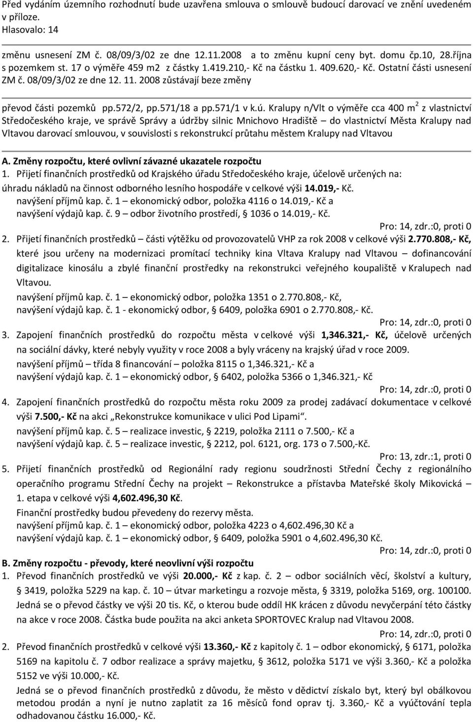 2008 zůstávají beze změny převod části pozemků pp.572/2, pp.571/18 a pp.571/1 v k.ú.