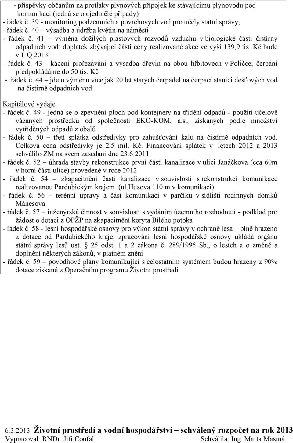 41 výměna dožilých plastových rozvodů vzduchu v biologické části čistírny odpadních vod; doplatek zbývající části ceny realizované akce ve výši 139,9 tis. Kč bude v I. Q 2013 - řádek č.