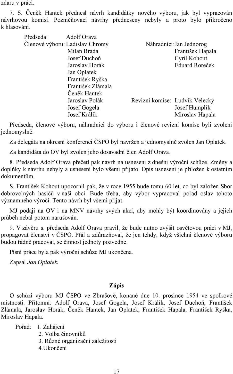 Náhradníci: Jan Jednorog František Hapala Cyril Kohout Eduard Roreček Revizní komise: Ludvík Velecký Josef Humplík Miroslav Hapala Předseda, členové výboru, náhradníci do výboru i členové revizní