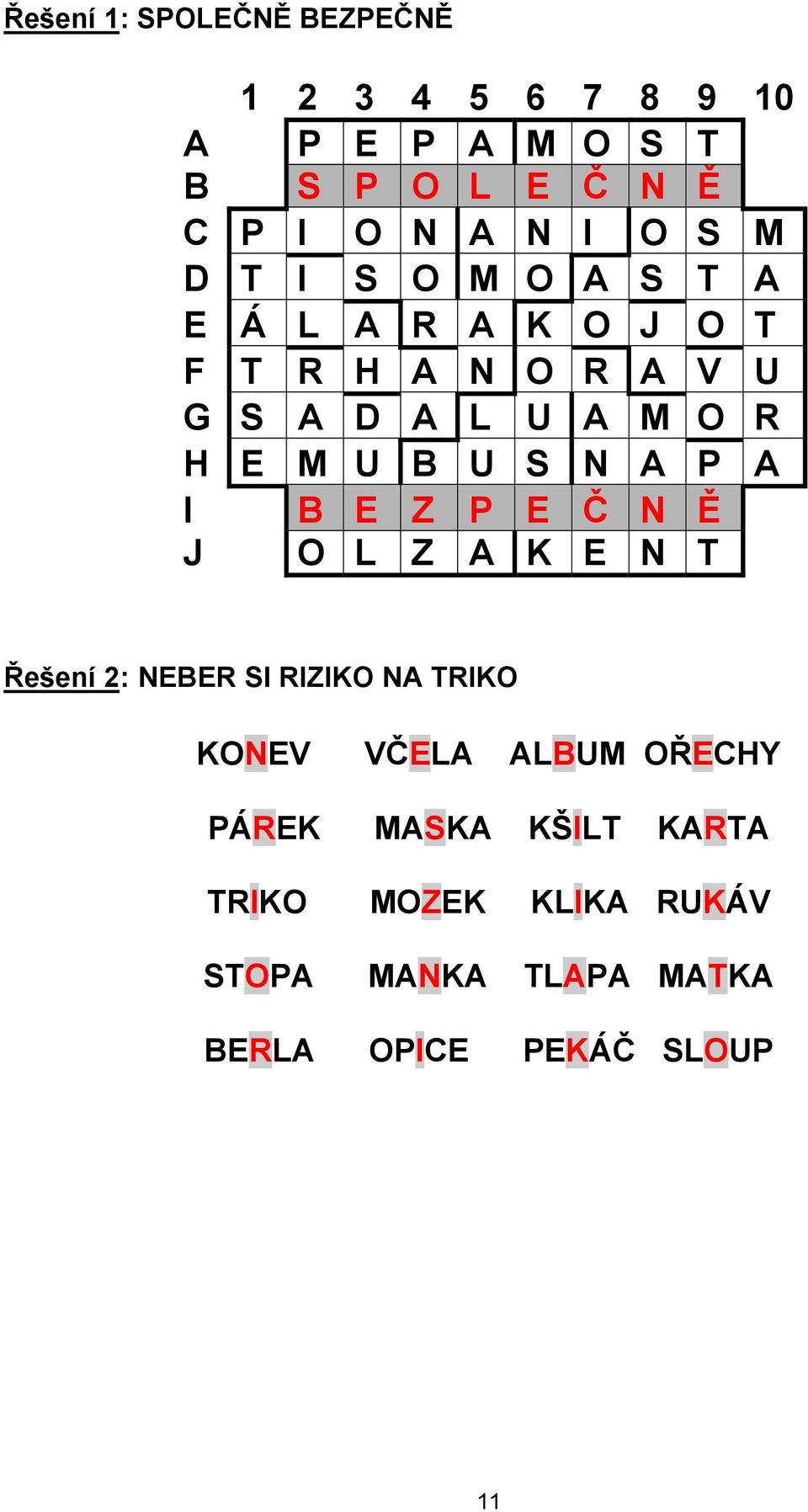 U S N A P A I B E Z P E Č N Ě J O L Z A K E N T Řešení 2: NEBER SI RIZIKO NA TRIKO KONEV VČELA ALBUM