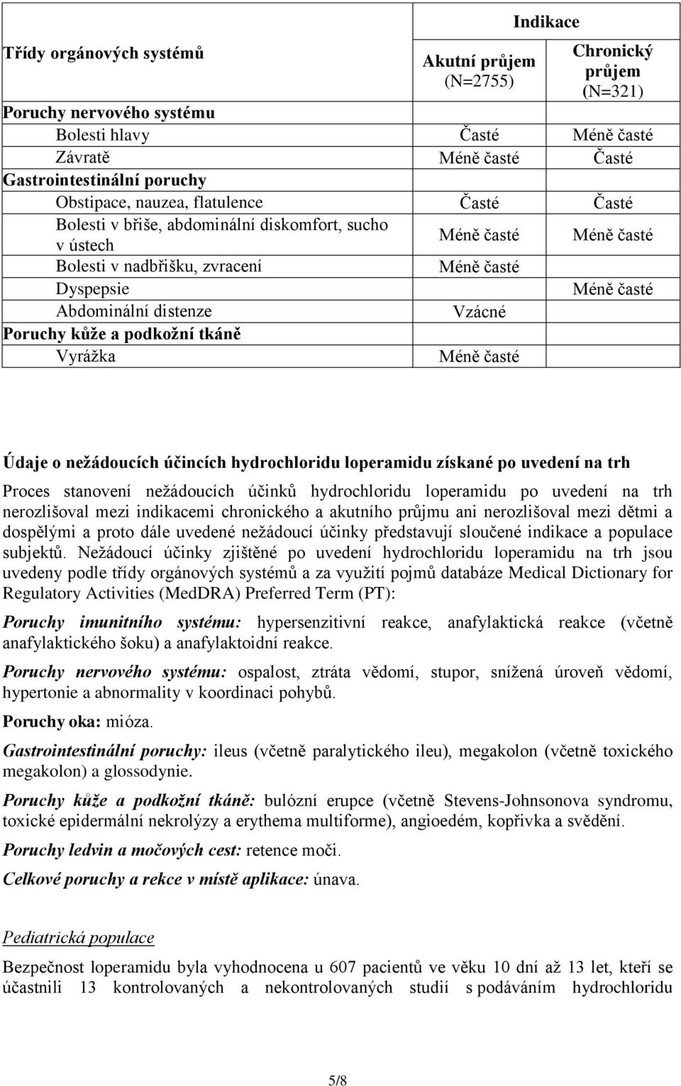 účincích hydrochloridu loperamidu získané po uvedení na trh Proces stanovení nežádoucích účinků hydrochloridu loperamidu po uvedení na trh nerozlišoval mezi indikacemi chronického a akutního průjmu