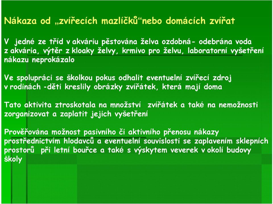 mají doma Tato aktivita ztroskotala na množství zvířátek a také na nemožnosti zorganizovat a zaplatit jejich vyšetření Prověřována možnost pasivního či